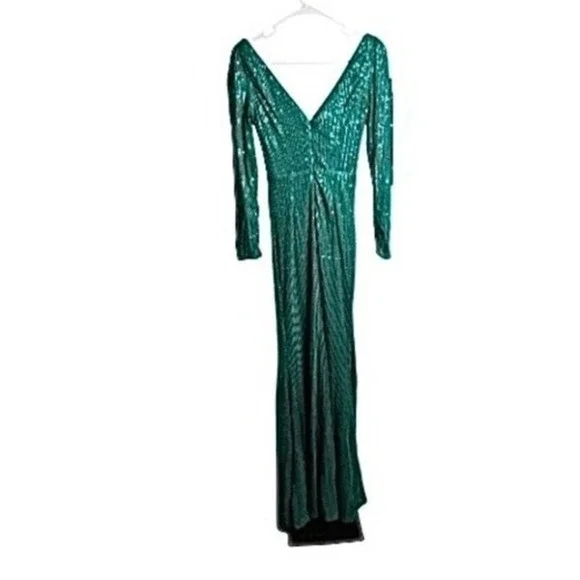 Emerald Green Sequin Prom Formal Gown XS Long Sleeve Slit Dress Broken Zip - Picture 3 of 10